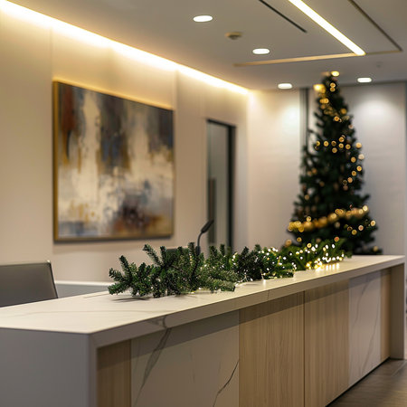 Interior of modern hotel reception desk with christmas tree. 3d renderingの素材