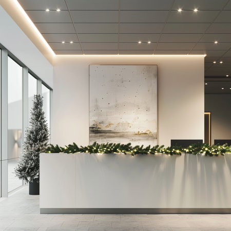 Mock up poster in the lobby of a modern office building with christmas decorations. 3d renderingの素材