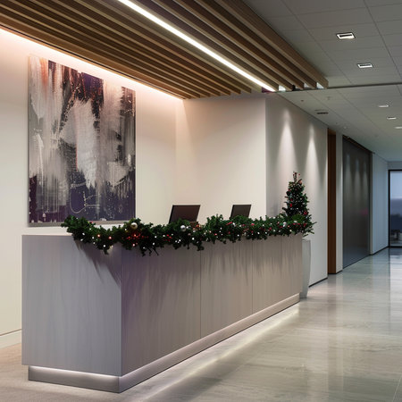 3d render of reception desk in a modern office hall with christmas treeの素材