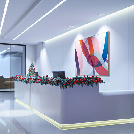 3d rendering reception desk in modern office with christmas tree.の素材
