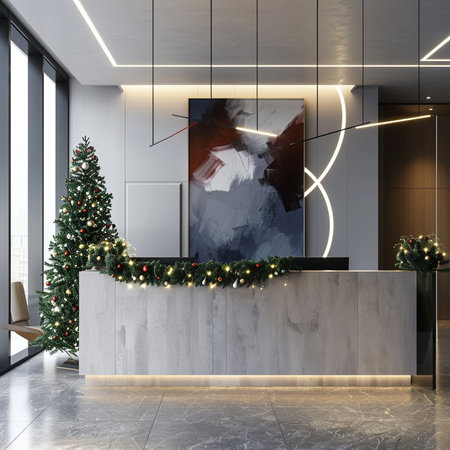 Interior of modern hotel reception with Christmas tree. 3d renderingの素材
