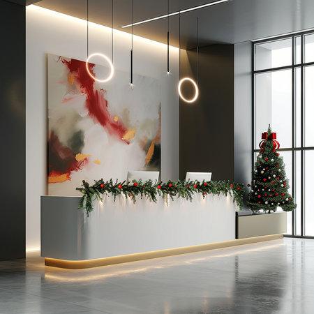 Reception counter in modern office lobby with christmas tree. 3d renderの素材