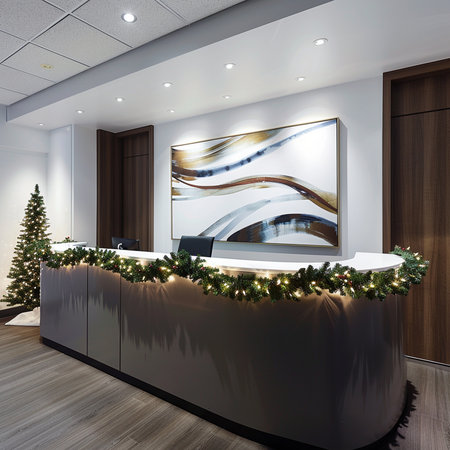 3d rendering luxury hotel reception desk with christmas tree and lightsの素材