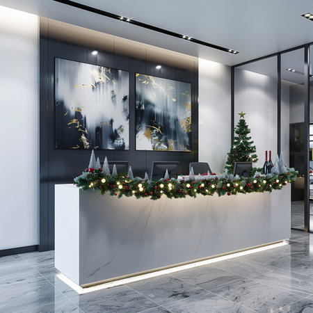 Reception counter in modern office with christmas tree. 3d renderingの素材