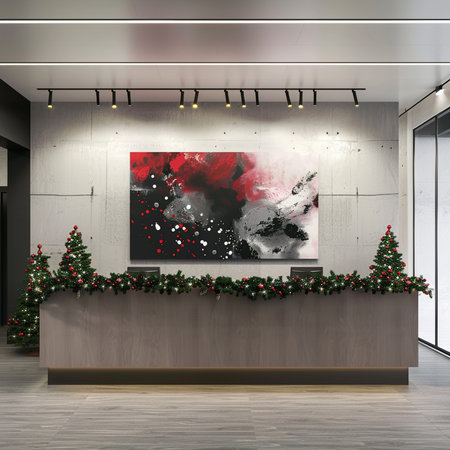 3d rendering of a modern office interior with christmas tree and lightsの素材