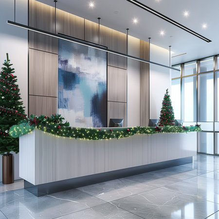 3d render of reception desk in a hotel with christmas treeの素材