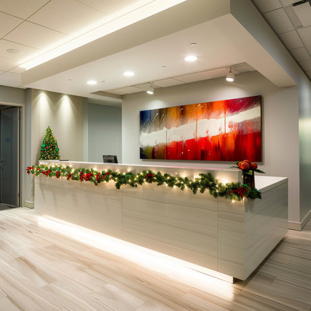 Interior of a hotel reception desk with christmas tree and lightsの素材