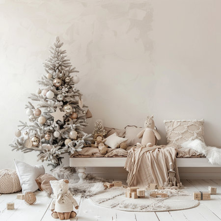 Christmas tree with toys in the living room. 3d render.の素材