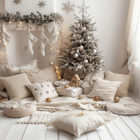 Christmas interior with Christmas tree, gifts and decorations. Cozy home.の素材