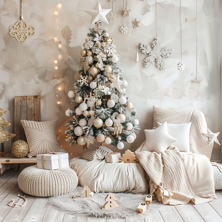 Christmas tree in the interior of the room with a bed and giftsの素材