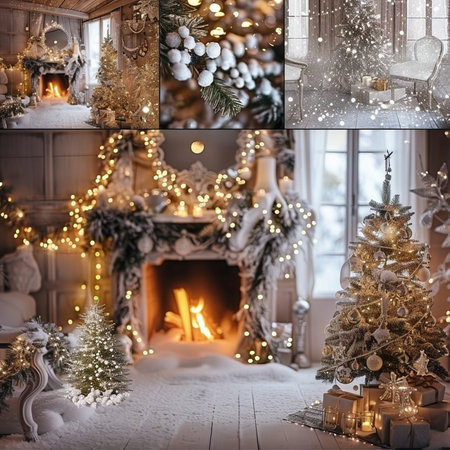 Collage of beautiful Christmas decorations in cozy living room with fireplace.の素材
