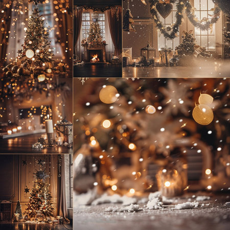 Collage with beautiful Christmas decorations on a rustic wooden background.の素材