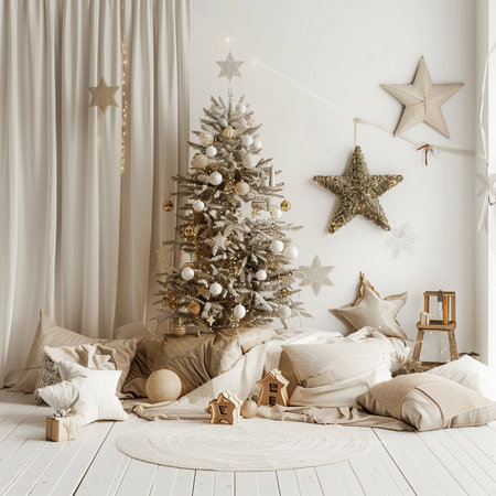 Christmas tree and decorations in the interior of the room. 3d renderの素材