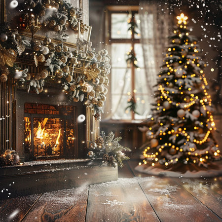 Christmas tree in the interior of the house with a fireplace. Christmas background.の素材