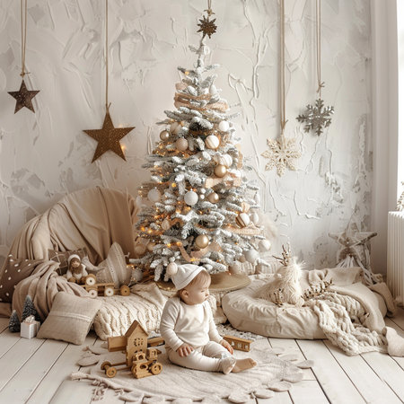 Christmas tree in the interior of the room with toys and gifts.の素材