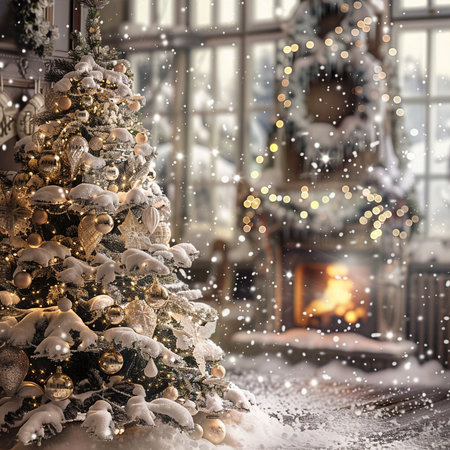 Beautiful Christmas tree and fireplace in the living room at home. Winter holiday concept.の素材