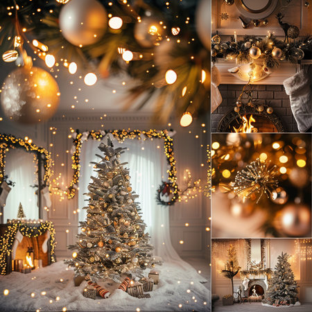 Christmas collage with fir tree and decorations. Collage of Christmas photos.の素材