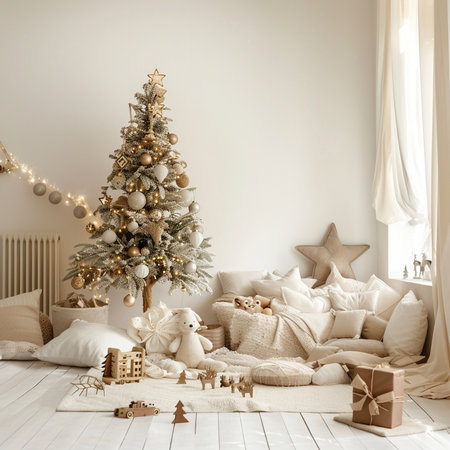 Christmas tree with gifts in the interior of the room 3D renderingの素材