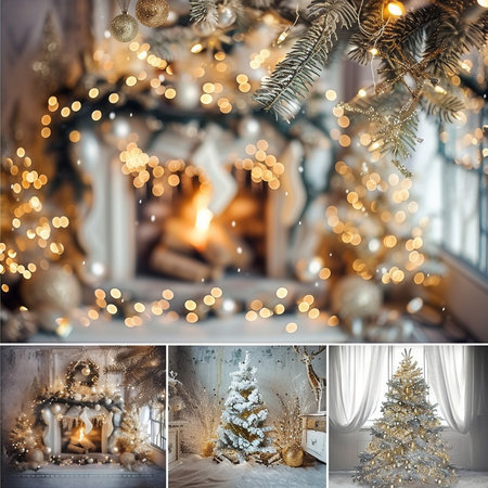 Christmas collage. Festive background with bokeh lights.の素材