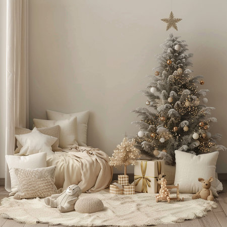 Christmas tree with gifts in the interior of the room. 3d renderの素材