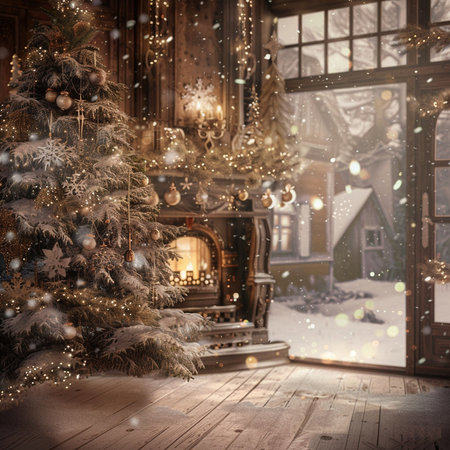 Christmas interior with Christmas tree and fireplace. Vintage styles. 3d renderの素材
