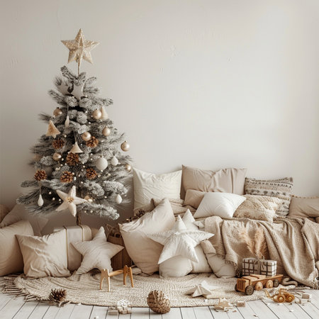 Christmas tree with gifts in the living room. 3d render.の素材