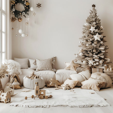 Merry Christmas and Happy New Year! Decorated living room with Christmas tree, toys and gifts. 3d renderの素材