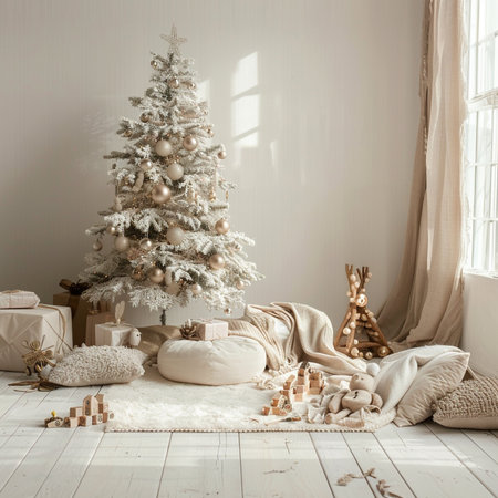 Christmas tree in the interior of the living room with gifts. 3D renderingの素材