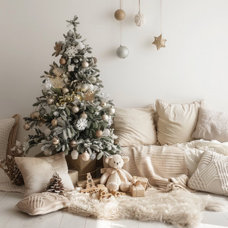 Christmas living room interior with Christmas tree, presents and toys. Winter holidays conceptの素材