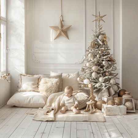Christmas interior with Christmas tree, gifts and toys on a white backgroundの素材