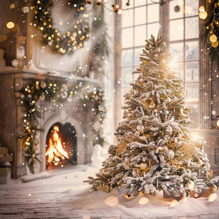 Christmas tree and fireplace. Christmas greeting card. New Year concept.の素材