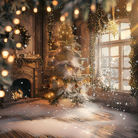 Christmas interior with fireplace, Christmas tree and gifts. 3d renderの素材