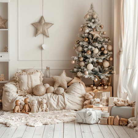 Christmas tree with presents in the interior of the room. 3d renderingの素材