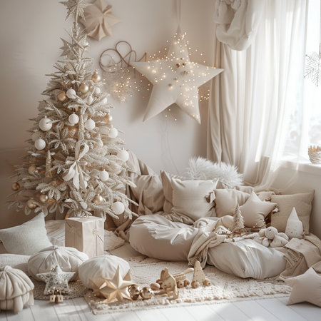 Christmas tree with decoration in the interior of the room. 3d renderingの素材