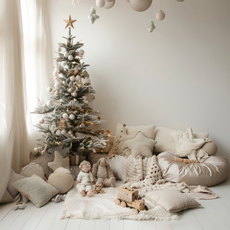 Christmas interior with Christmas tree, gifts and decorations. 3d renderの素材