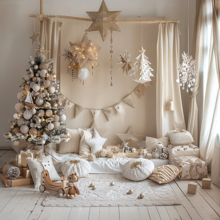 Christmas tree and decorations in the interior of the room. 3d renderの素材