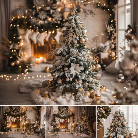 Collage of beautiful Christmas tree with decorations. New Year and Christmas conceptの素材