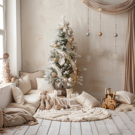 Christmas tree with gifts in the interior of the room. 3d renderの素材