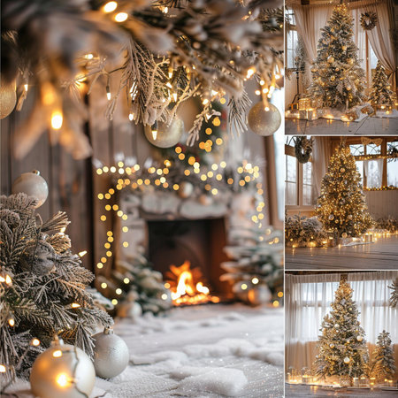 Christmas and New Year decorations in the interior of a cozy house with a fireplace, Christmas tree and garlandsの素材