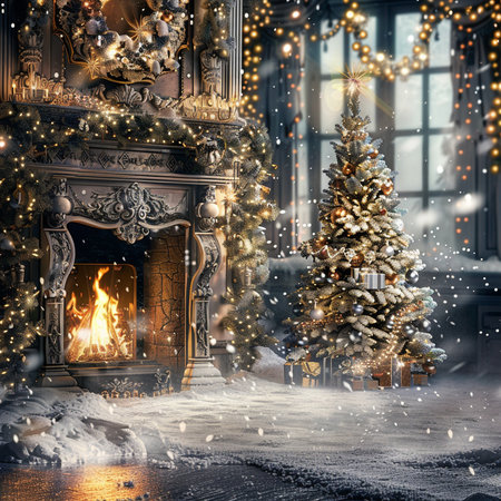 Christmas and New Year holidays. Christmas tree, fireplace and gifts in the interior of the room.の素材