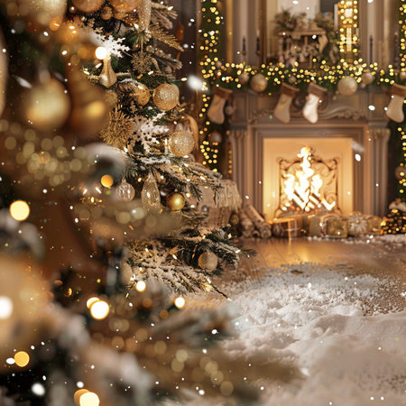 Christmas and New Year background with Christmas tree, fireplace and Christmas decorations.の素材