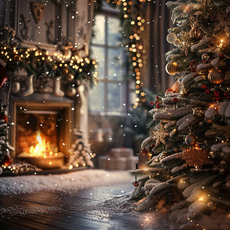 Beautiful Christmas tree in a cozy living room with a fireplace.の素材