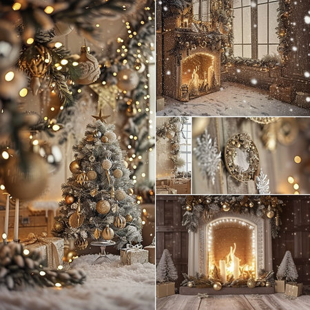 Collage of Christmas and New Year photos. Festive interior with Christmas tree, fireplace, gifts and decorations.の素材