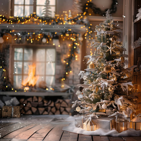 Christmas tree and gifts on the background of a burning fireplace. New Year's interior.の素材