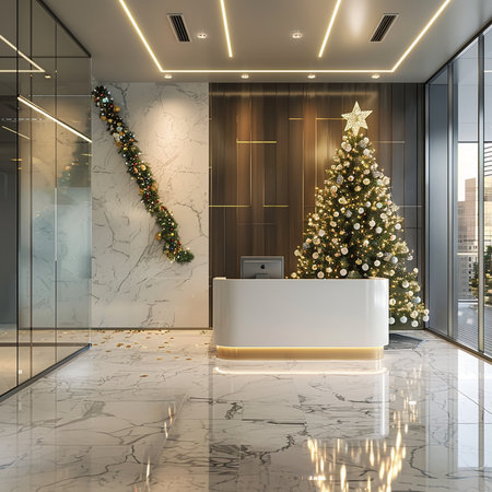 3d rendering luxury hotel reception hall with christmas tree and decorationsの素材