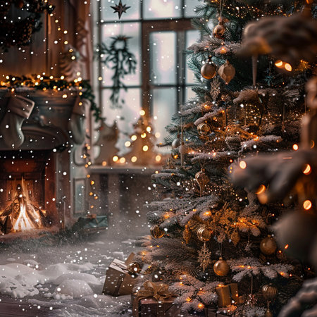 Christmas and New Year background. Decorated Christmas tree, fireplace, gifts and lights.の素材