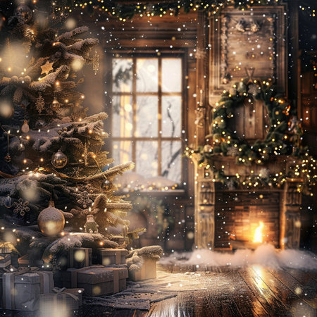 Christmas interior with Christmas tree, gifts and fireplace. Holiday background.の素材