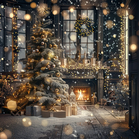 Christmas tree with presents in the interior of the house with a fireplaceの素材