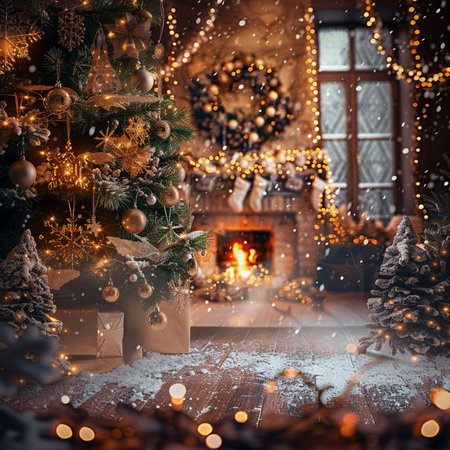 Christmas and New Year holidays background. Decorated Christmas tree, fireplace, gifts, garlands, bokeh.の素材