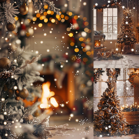 Collage of Christmas decorations in the room with fireplace and christmas treeの素材